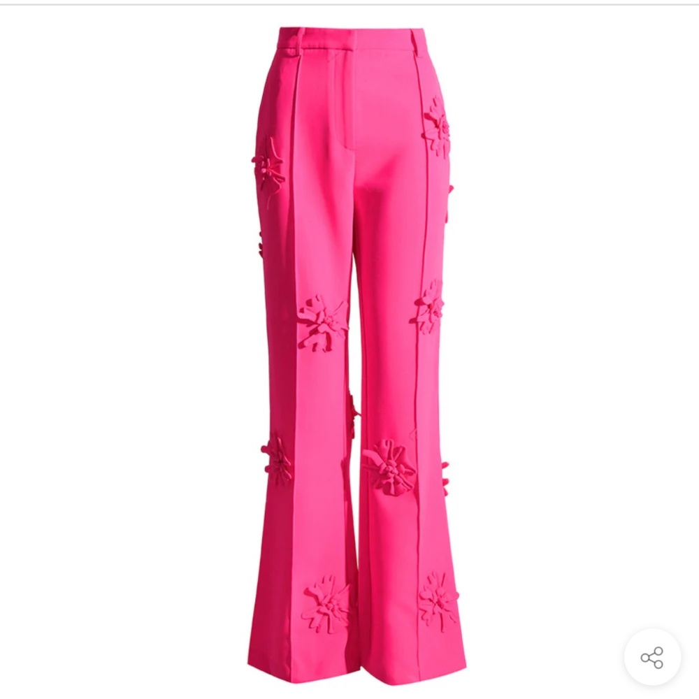 Modern Floral Appliqué High Rise Straight Leg Crepe Pants - Hot Pink